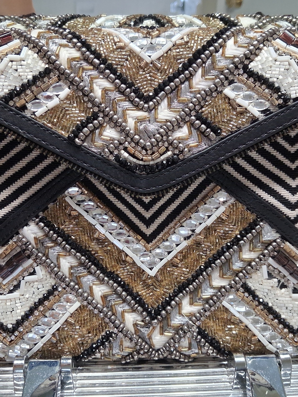 Embellished Chevron Clutch in Gold, Black & White